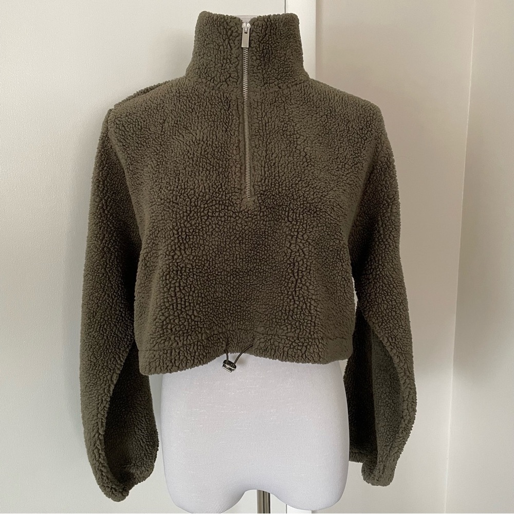 Topshop Cropped Teddy Fleece Half Zip Pullover Green Size 8